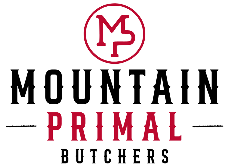 Mountain Primal Butchers logo featuring a red circular emblem with interlocking 'M' and 'P' above the words 'MOUNTAIN PRIMAL BUTCHERS' in black and red serif typography on a white background.